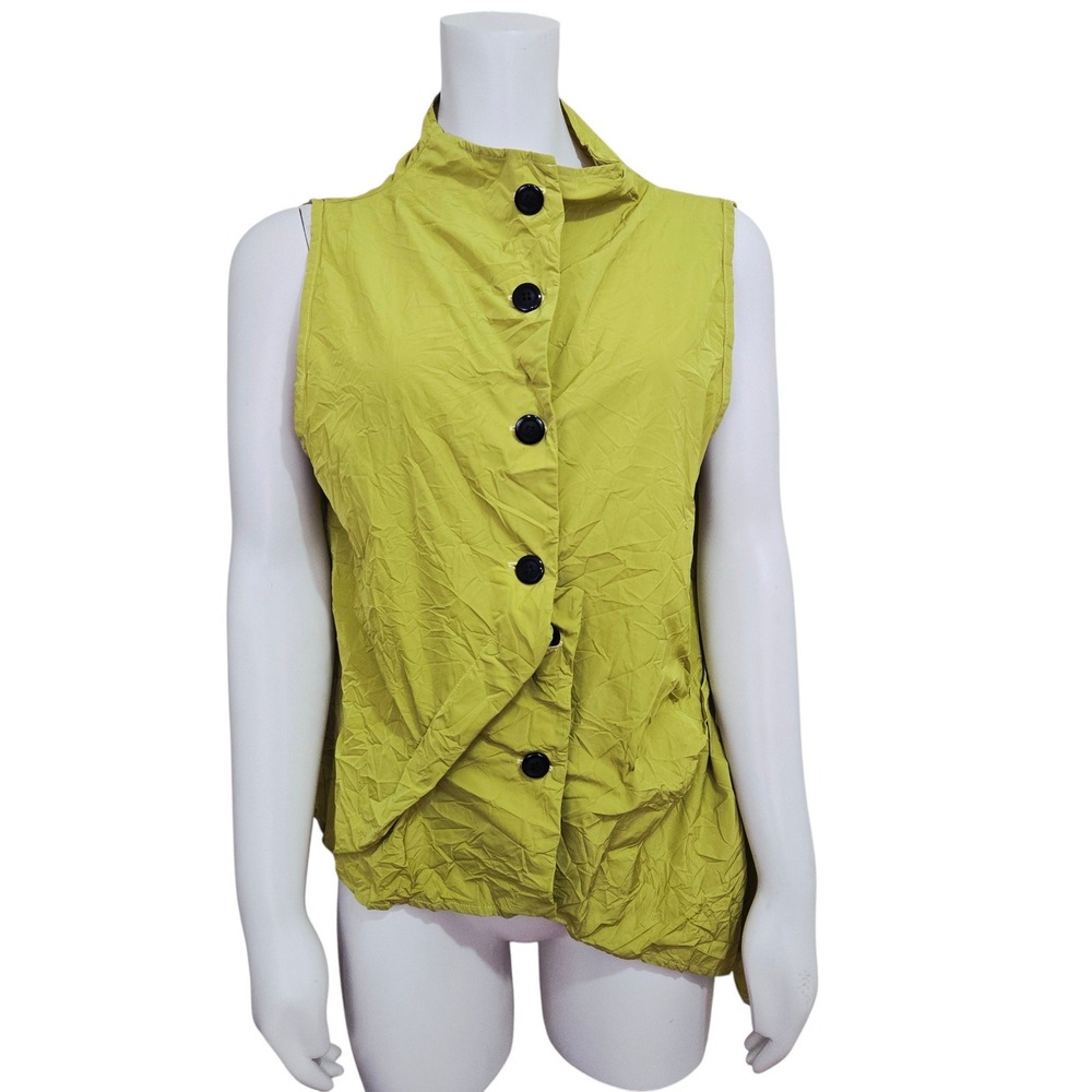 Sun Kim Small Chartreuse Crinkle Vest Asymmetrical Button Front Ruched Artsy